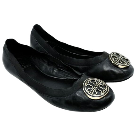 TORY BURCH~Caroline~BLACK LEATHER BALLET FLATS GOLD REVA LOGO SHOES  SZ 10 - Picture 4 of 7